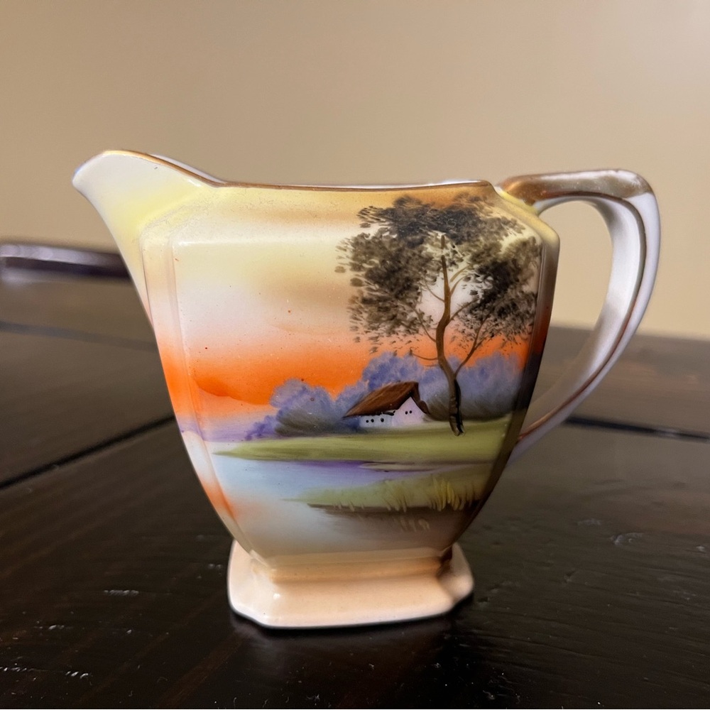 Vintage Noritake Landscape Creamer with Orange and Brown Accents